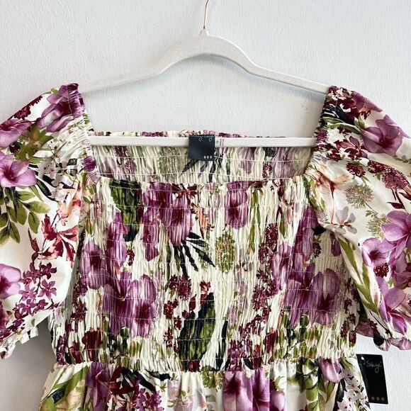 Brand New Gabby Skye Smocked Floral Cotton Poplin Dress Ivory Purple Size 16 - Picture 3 of 15